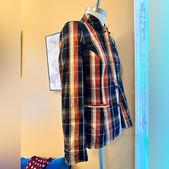 VINTAGE SILK WOVEN PLAID THIN JACKET BLACK METALLIC GOLD EXTRA SMALL - Picture 6 of 7